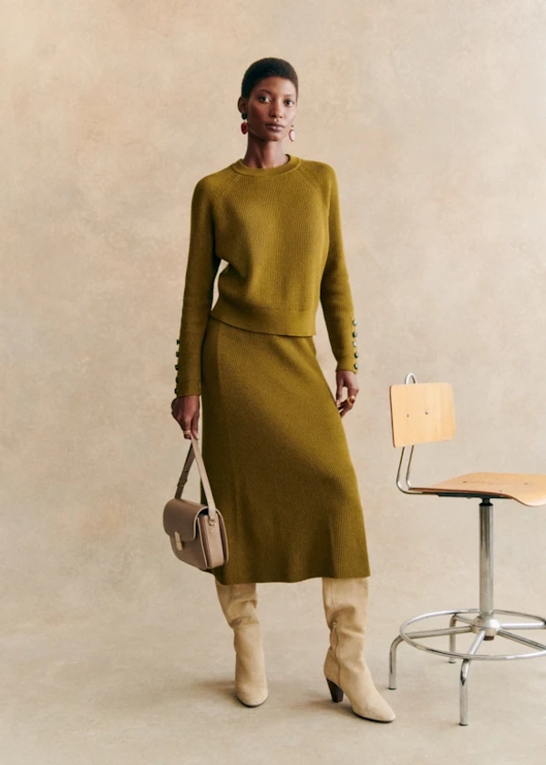 Naelle Skirt - Olive Green - Merino Wool - Sézane