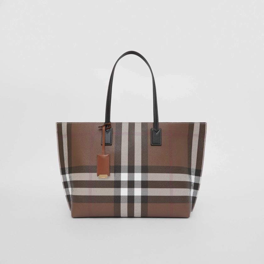 Medium Check and Leather Tote in Dark Birch Brown | Burberry® Official