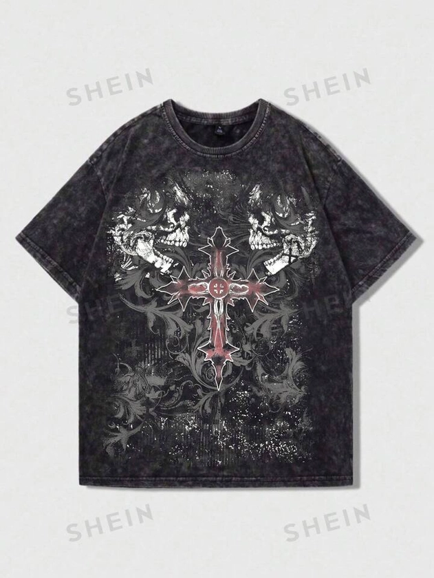 ROMWE Grunge Punk Vintage Street Style Men's Cross Skull Printed Short Sleeve T-Shirt For Halloween