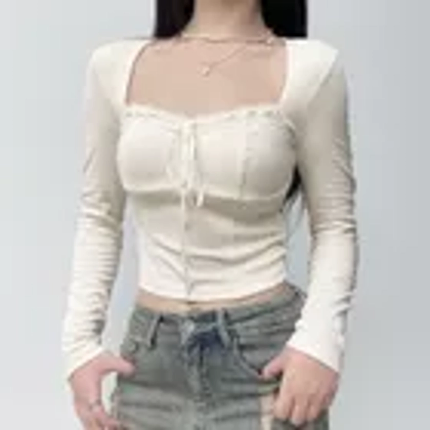 Honet - Long Sleeve Square-Neck Lace-Trim Slim-Fit Crop Top | YesStyle