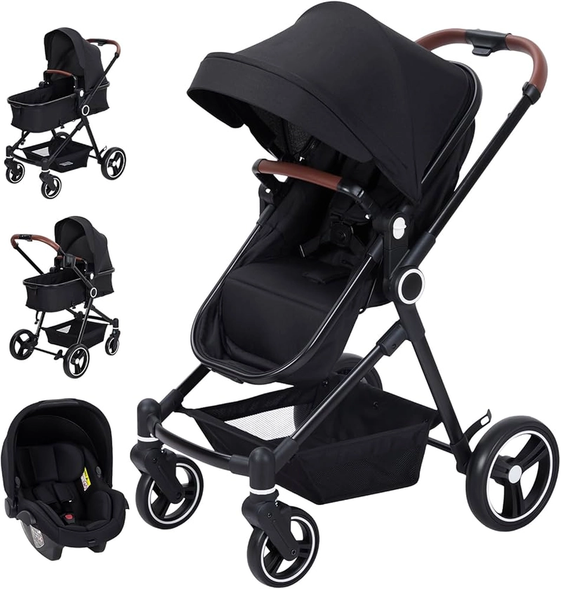 Poussette combinée 3 en 1 - Kit complet avec nacelle, siège sport buggy et nacelle de voiture - Jusqu'à 26 kg avec position allongée réglable - Grande capote extensible - Noir : Amazon.fr: Bébé et Puériculture