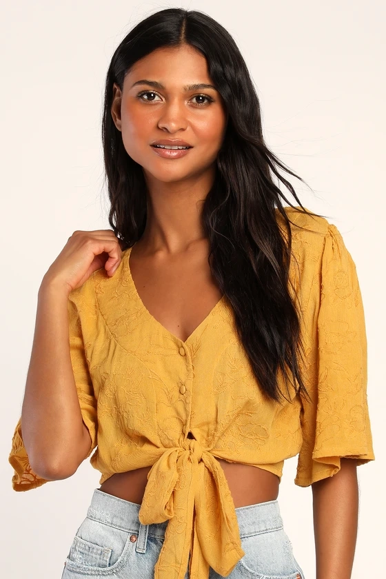 Delightful Darling Yellow Floral Embroidered Tie-Front Crop Top