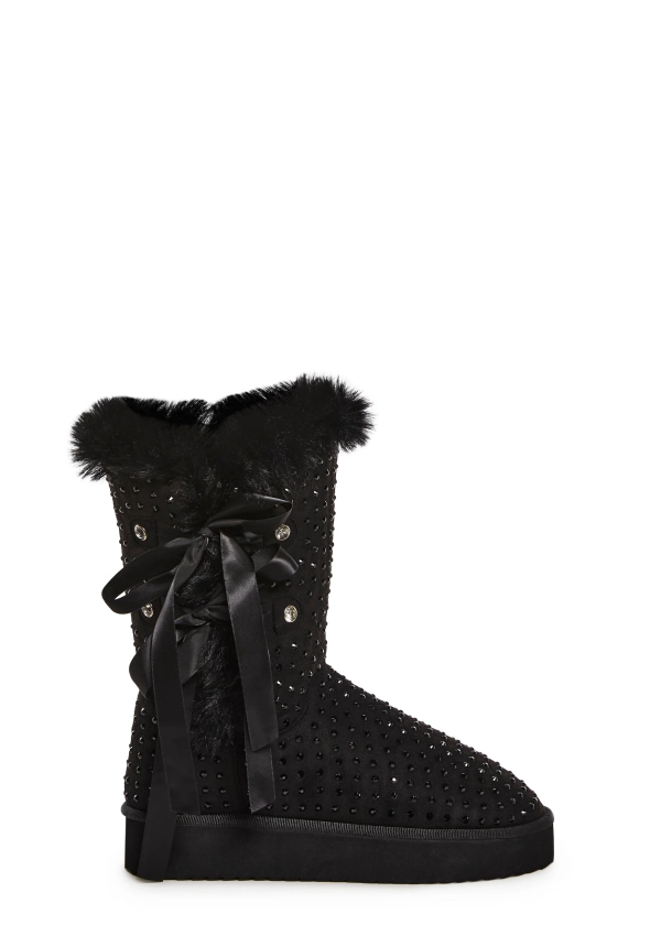 Sugar Thrillz Rhinestone Fur Trim Booties - Black