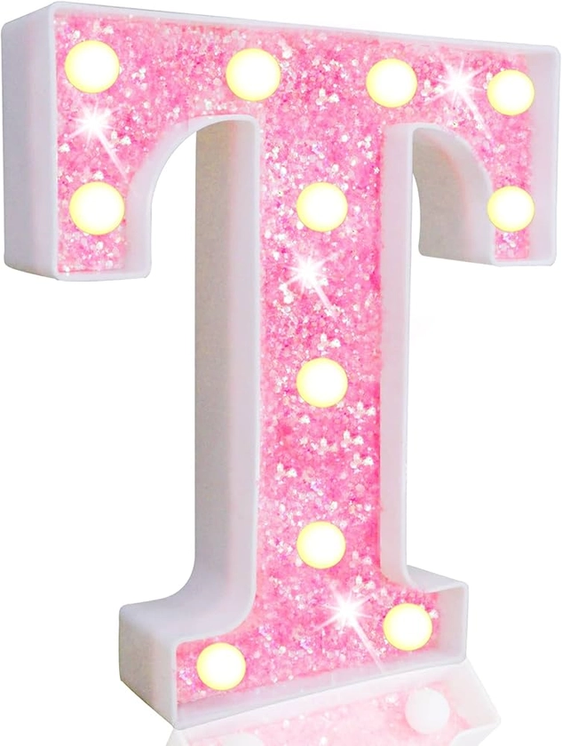 Pooqla LED Marquee Letter Lights, Light Up Pink Letters Glitter Alphabet Letter Sign Battery Powered for Night Light Birthday Party Wedding Girls Gifts Home Bar Christmas Decoration, Pink Letter T