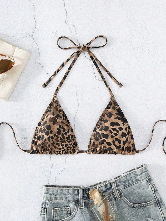 SHEIN Swim Summer Beach Leopard Print Halter Triangle Bikini Top