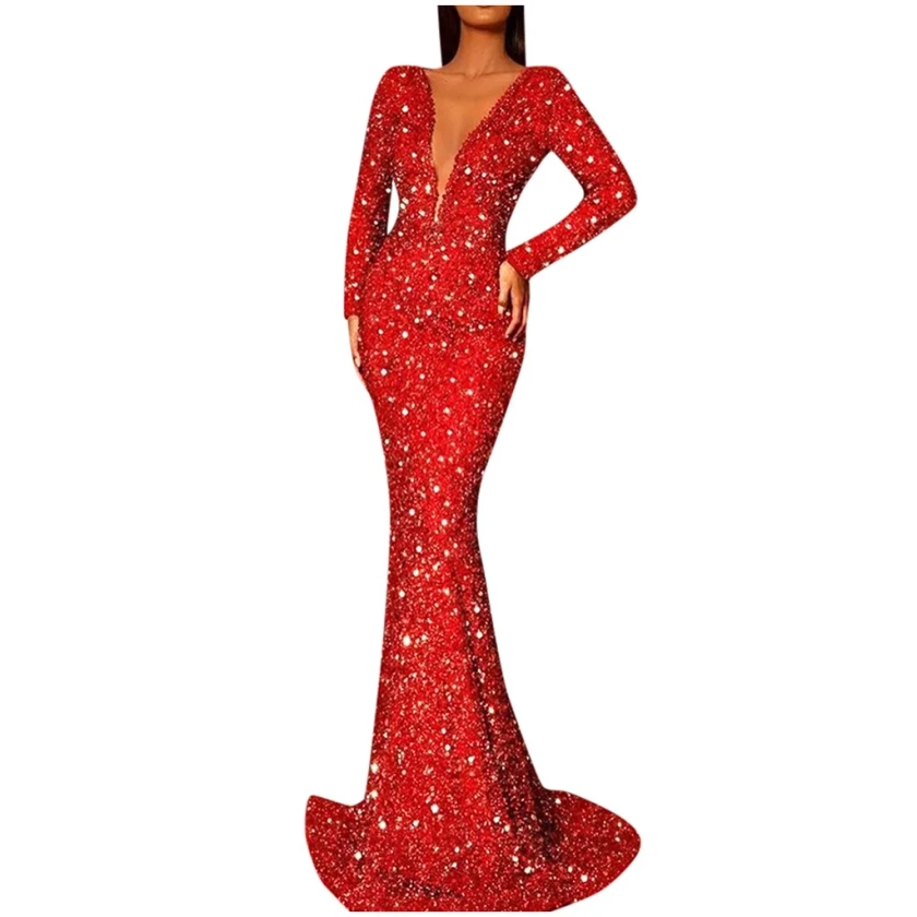 iOPQO Wedding Guest Dresses For Women Women Deep V Solid Color Sequin Dress Long Fishtail Sleeve Party Women's Dress Prom Dress Fall Dresses Red S - Walmart.com