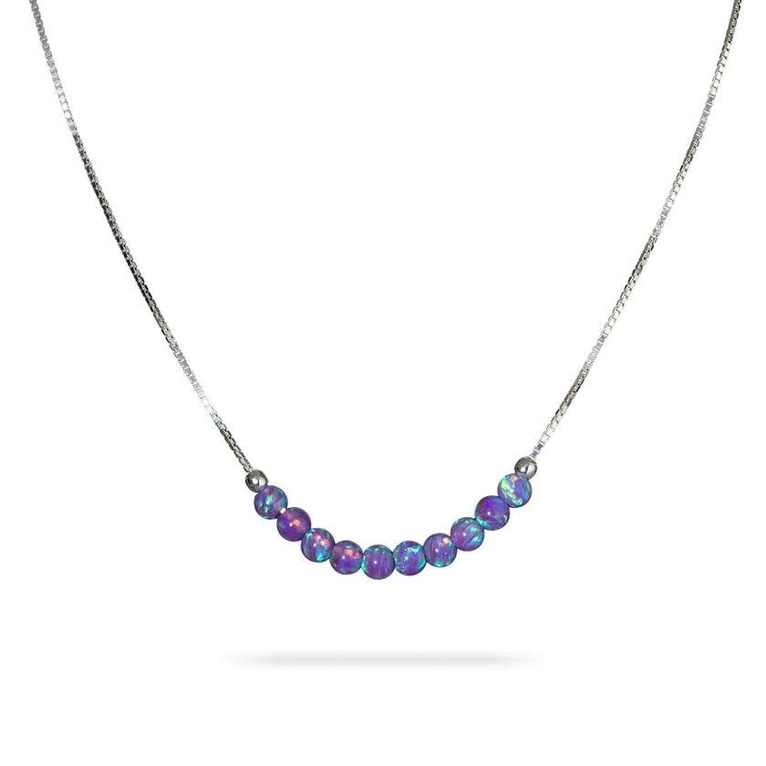 Purple Opal Beaded Necklace - Tiny 3mm Opal Bead Minimalist Jewelry - 925 Sterling Silver box chain 16 +2 Inch Extension Gift Women Girl Necklace