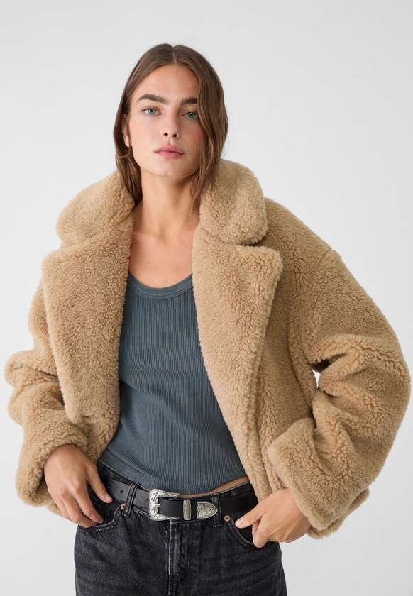 Double-breasted faux shearling lined jacket - Women's Jackets | Stradivarius Italy