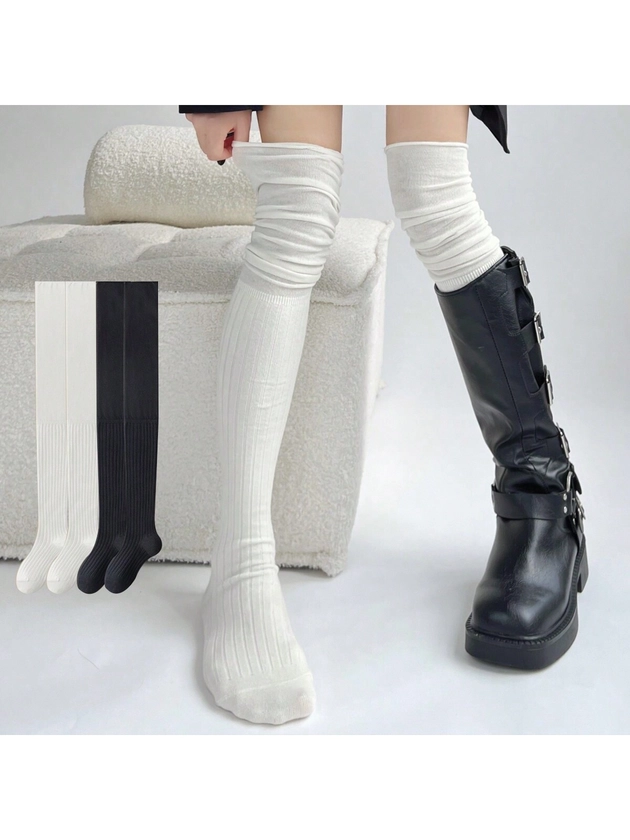 2pairs Women's Black & White Knit Boot Socks For Over The Knee Boots