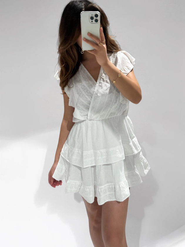 Natalia Embroidered Ruffle Dress / White