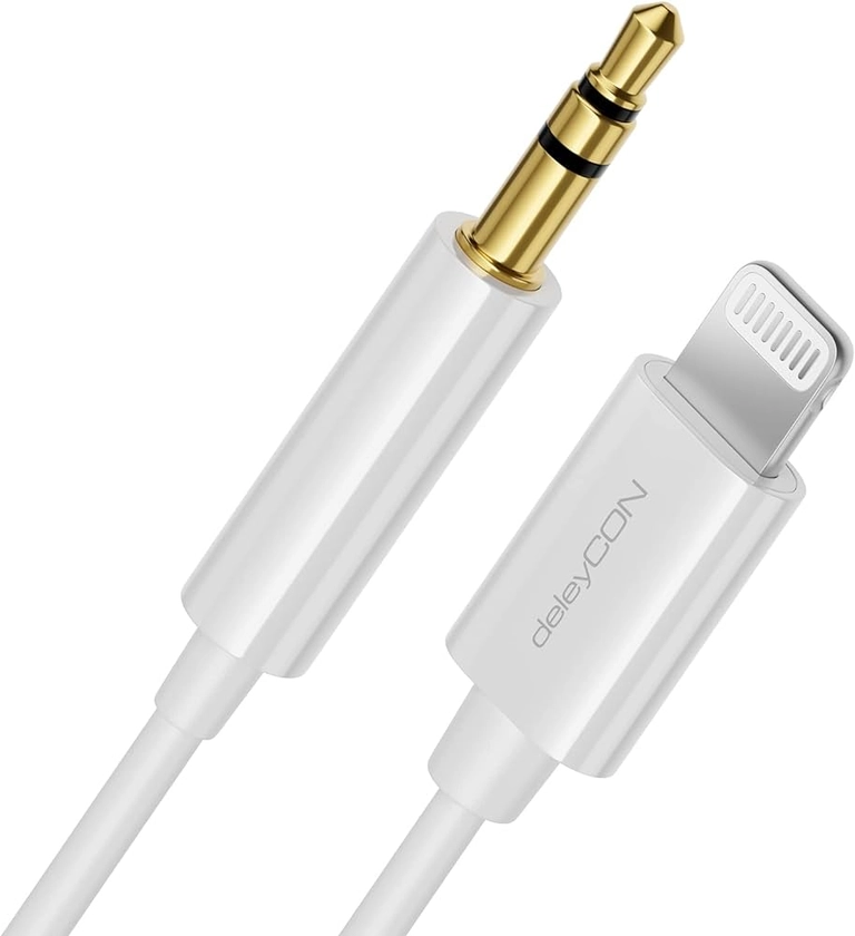 deleyCON 1m Lightning 8 Pin à Prise Jack 3,5 mm Câble Audio Apple MFi Compatible avec iPhone 14 Pro Max 14 Pro 14 Plus 14 SE 13 Pro Max 13 Pro 13 Mini 12 Pro Max 12 Pro iPad iPod - Blanc