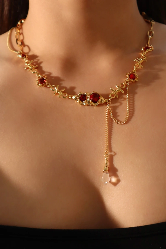 18K Real Gold Plated Red Gem Twist Necklace