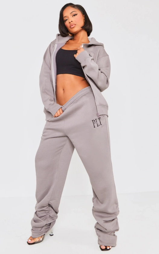 PRETTYLITTLETHING Shape Charcoal Embroidered Ruched Leg Sweatpants