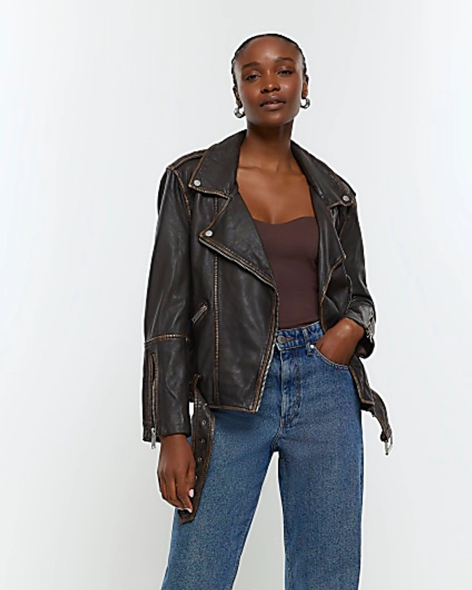Brown faux leather oversized biker jacket