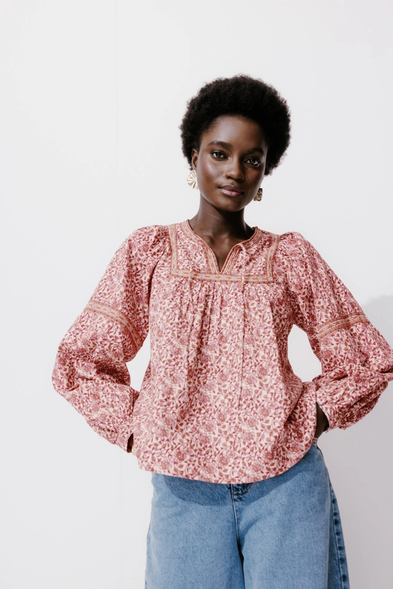 Blouse folk imprimée Femme - Imprimé écru