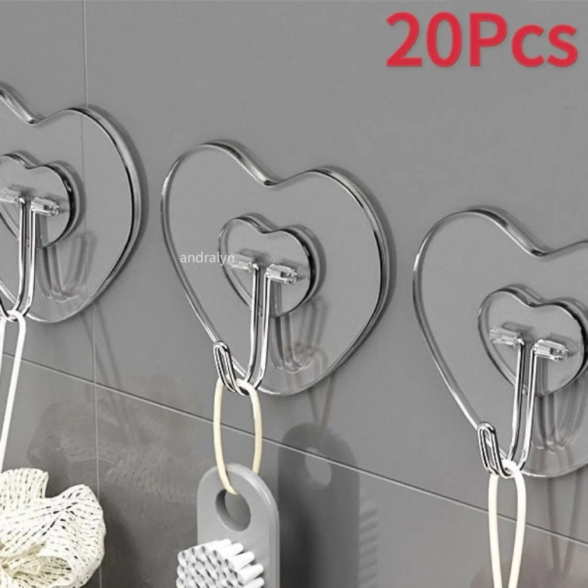 Crochets transparents en forme de cœur, cintres d'amour en plastique non perforant, support auto-adhésif pour clés et serviettes, rangement polyvalent, T1