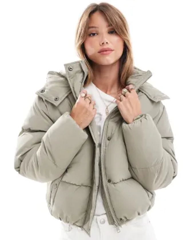 Brave Soul hooded cropped puffer jacket in sage green | ASOS