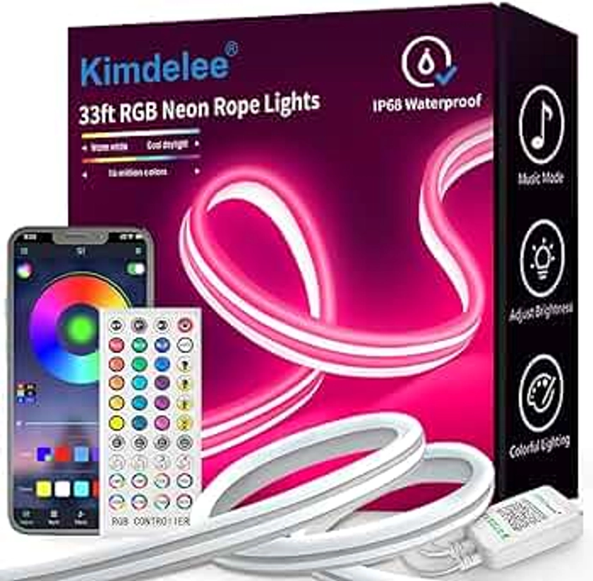 33ft Neon Rope RGB Lights, IP68 Waterproof Flexible Neon Lights, LED Strip Lights for Bedroom, Boys Room Decor for Teen Girls, Outdoors, Pool