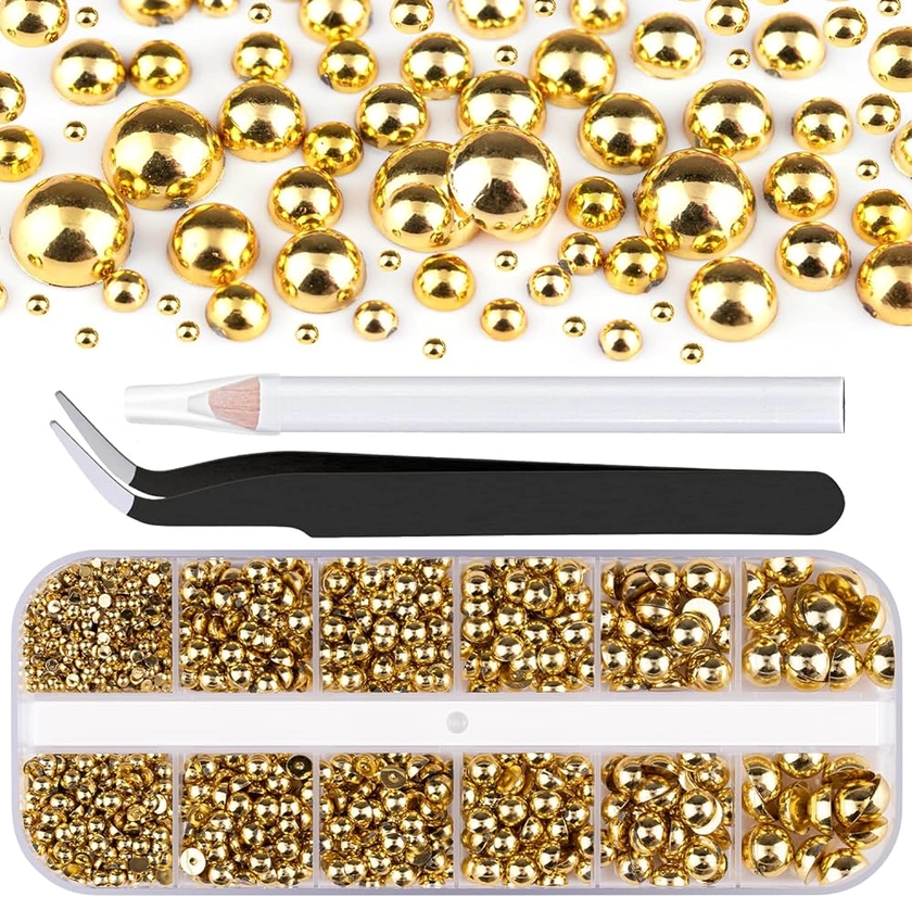 Amazon.com : Belleboost Flat Back Pearls Kits 1 Box of Flatback Gold Half Round Pearls with Pickup Pencil and Tweezer for Home DIY and Professional Nail Art, Face Makeup and Craft : Beauty & Personal Care