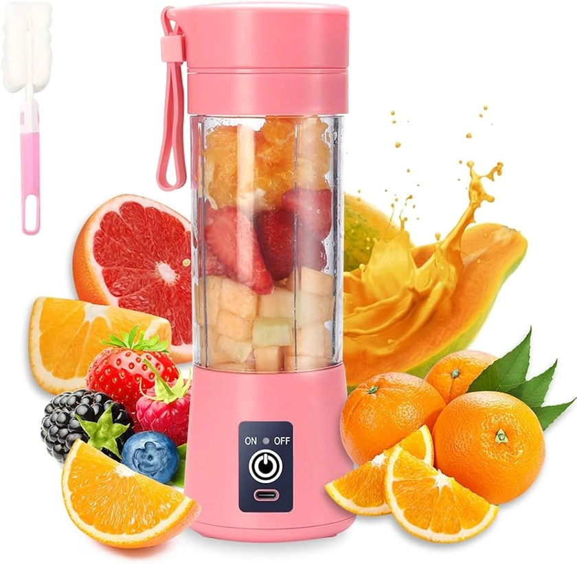 Blender Portable,Mini Blender Smoothie pour shakes et smoothies,Mini Mixeur 380ml avec 6 Lames en 3D,USB Presse Agrume Electrique Presse Jus Pour la Maison, l'extérieur et les Voyages (Rose)