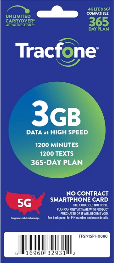 Tracfone $60, 1200 Minutes, 1200 Text, 3GB / 365-Day Plan (Physical Delivery)