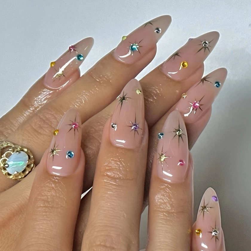 24pcs/set Glossy Medium Almond * Nails, Nude Press On Nails Multi-color Flashing Rhinestone False Nails For Women Girls, Jelly Glue And Nail File I