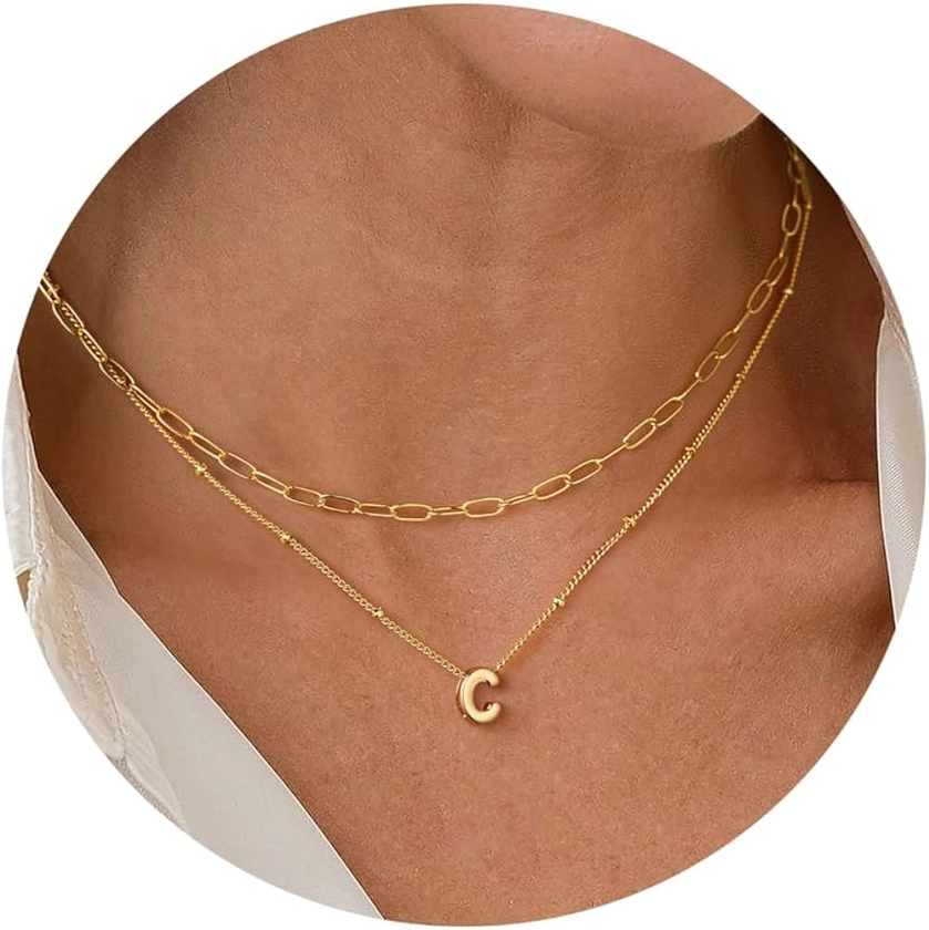 Turandoss Personalized Bubble Letter Necklace - Layered Gold Initial Tiny Small Pendent Necklaces for Women, Dainty Gold Initial Choker Paperclip Chain Necklace Gold Jewelry for Women Gifts