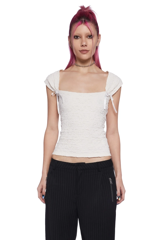 Delia's Stretchy Puckered Pointelle Squared-Neck Bows Cap Sleeve Top - Ivory