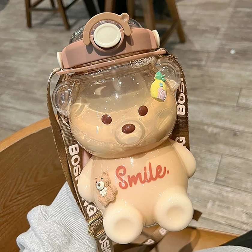 Kawaii Cute Bear Water Bottle with Straw and Stickers,BPA Free,Leak-Proof,Novelty Drinking Bottle with Adjustable Shoulder Strap for Kids Girls Travel School Office (1000ml)