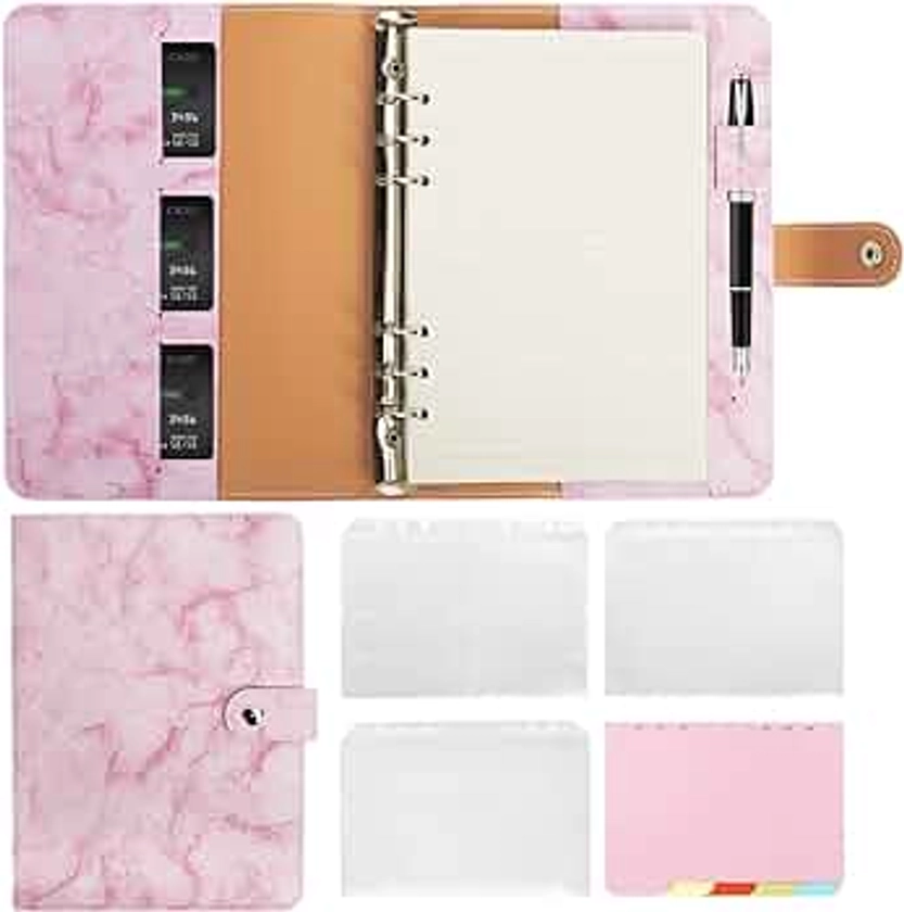 Colacoo A5 Round Ring Binder Notebook, 6 Rings Leather Loose Leaf Notebook with A5 Paper, Refillable A5 Personal Planner Budget Binder, Aesthetic Notebook for A5 Filling Paper (Marble Pink)