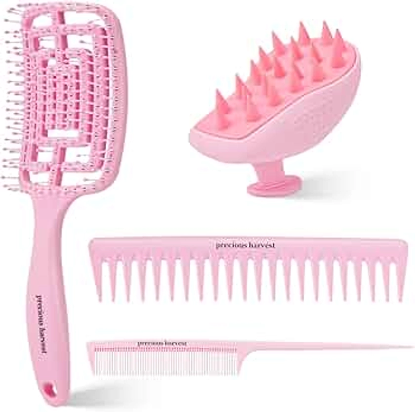 Silicone Massage Shampoo Brush, Cutout Hairbrush, Wide Tooth and Pointed Tail Comb, Macaroon Colour Comb for All Hair Types (Light Pink)