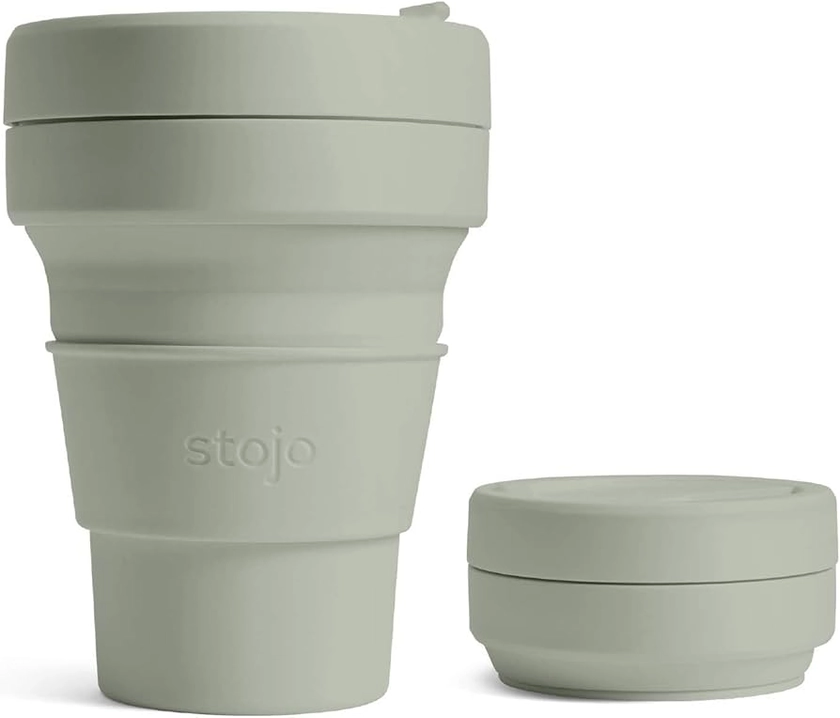 STOJO On-The-Go Mini Collapsible Junior Cup - 8oz / 237ml - Reusable & Foldable Silicone Travel Mug with Lid and Straw - Portable, Pocket Size - Dishwasher Safe - Sage