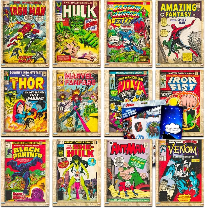 Marvel Comics Poster Set for Kids, Boys ~ 12 Pc Bundle with Marvel Superhero Poster Book for Room Decor and Walls, Stickers, and Door Hanger | Comic Book Cover Prints