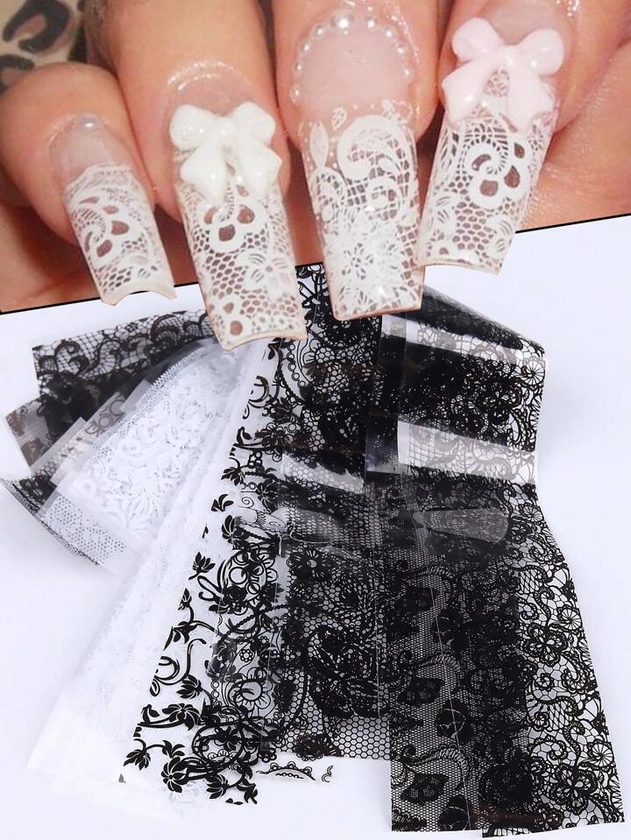 White Black Lace Nail Art Foils Set Nail Transfer Sticker Paper DIY Manicure Nail Decoration Accessories, 10 Sheets/Set | SHEIN UK