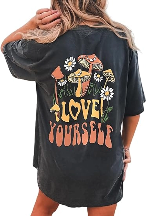 Women's Letter Mushroom Shirt Oversized Graphic Tee Crewneck Short Sleeve Loose T Shirt Top