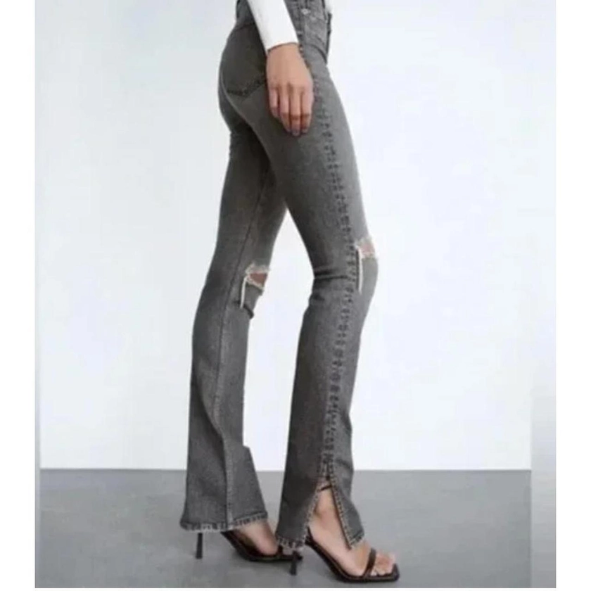 Zara Split Skinny Jeans Gray Busted Knees 4... - Depop