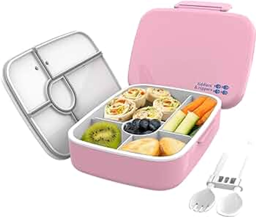 tiddlers & nippers 5 Compartment Lunch/Bento Box for Kids & Adults! | Includes Reusable Cutlery - Fork & Spoon | Leak-Proof & BPA-Free | Microwave, Freezer & Dishwasher Safe (Plain Pink)