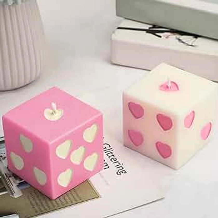 2 Pcs Heart Dice Candle 2.4 x 2.4 x 2.4 Inch Cube Candles Soy Wax Decorative Candles Aesthetic Dice Decor Retro Handmade Danish Pastel Room Decor (White, Pink)