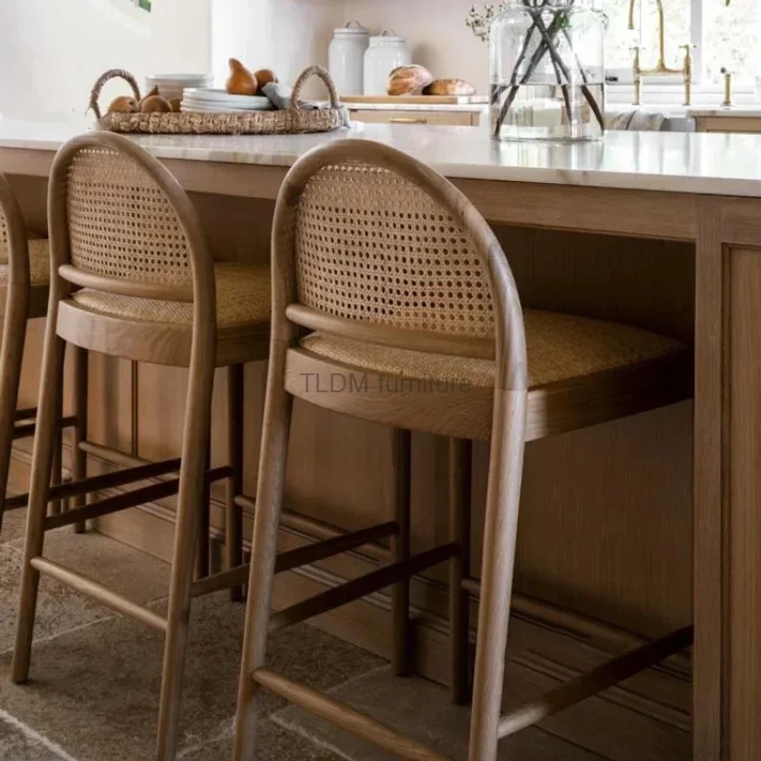 Tabouret de bar en rotin tissé nordique, chaise de bar de luxe pour la maison, chaises de salle à manger décontractées, tabouret haut en bois, chaise de réception, moderne, minimaliste, gênant