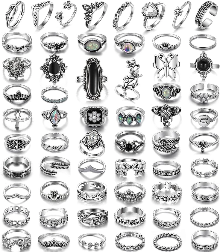 17IF Vintage Silver Knuckle Rings Set for Women Men, Chunky Rings Aesthetic Snake Grunge Stackable Gothic Ring Adjustable Y2K Punk Bulky Boho Finger Alt of Rings, Stacking Fairy Skull Frog Heart Star Flower Midi Ring Pack