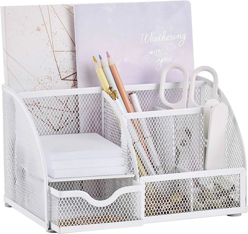 Amazon.com: Annova Mesh Desk Organizer Office with 7 Compartments + Drawer/Desk Tidy Candy/Pen Holder/Multifunctional Organizer - White : Office Products