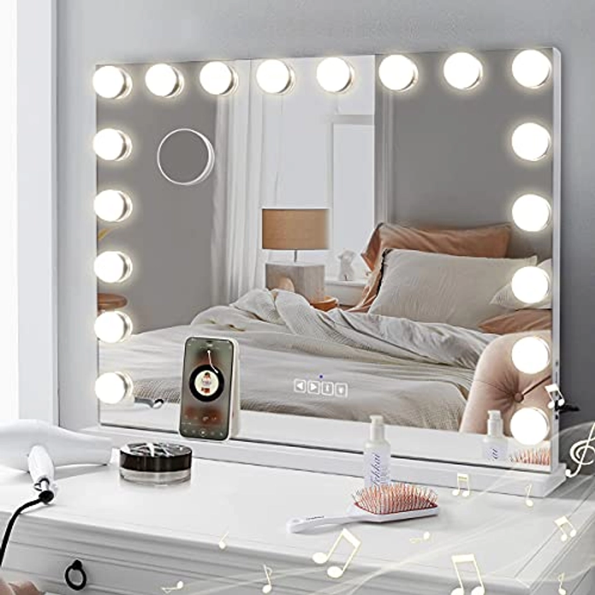 Hansong Hollywood Vanity Mirror 80x60cm Bluetooth Vanity Mirror with Lights Extra Large Lighted Makeup Mirror with 18 Dimmable LED Bulbs 3 Color - Zouz.co.uk: Low Prices in Furniture, Garden, Electronics, Beauty
