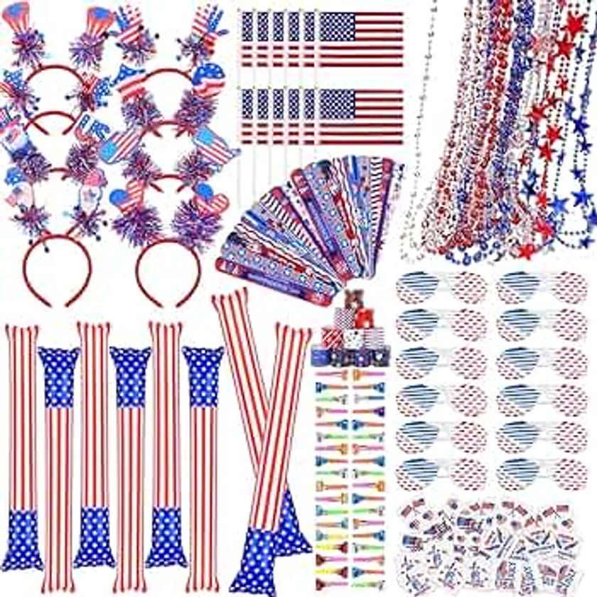 MOVINPE 172pcs 4th of July Accessories Patriotic Party Favors, Thunder Sticks Head Boppers Shutter Glasses Beaded Necklaces Flags Slap Bracelets Musical Blow Outs Tattoos Parades Giveaways