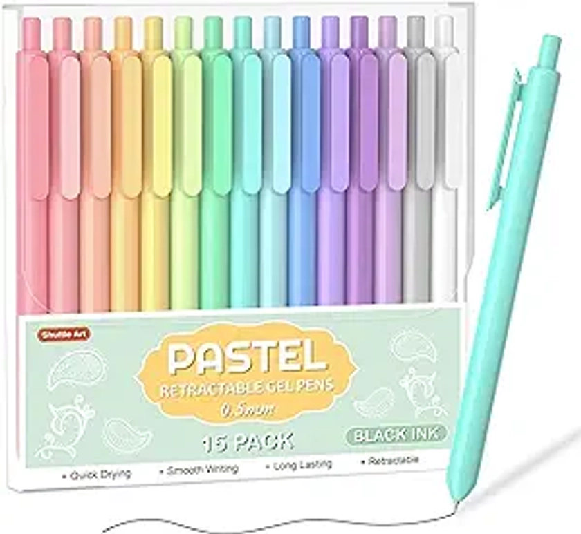 Shuttle Art Retractable Pastel Gel Ink Pens, 15 Pack Black Ink Pens, Cute Pens 0.5mm Fine Point for Writing Journaling Taking Notes School Office Home