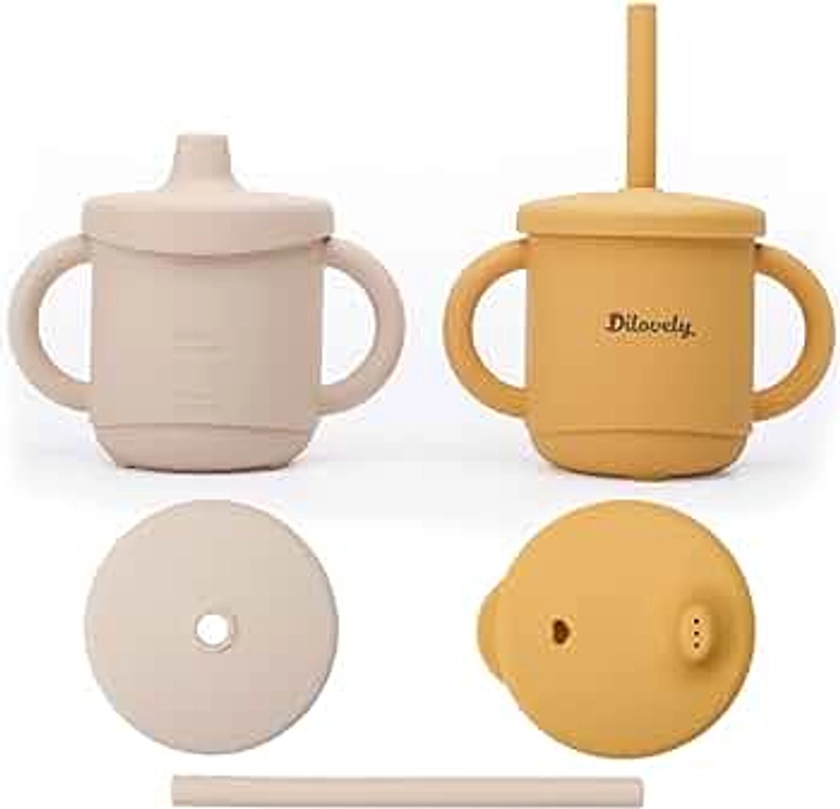 Dilovely Silicone Sippy Cup for Toddler, Transition Straw Cups for baby 12 months +, Unbreakable Kids Cups 3 in 1, 2 Pack Dishwasher & Microwave Safe, BPA Free 7oz Yellow