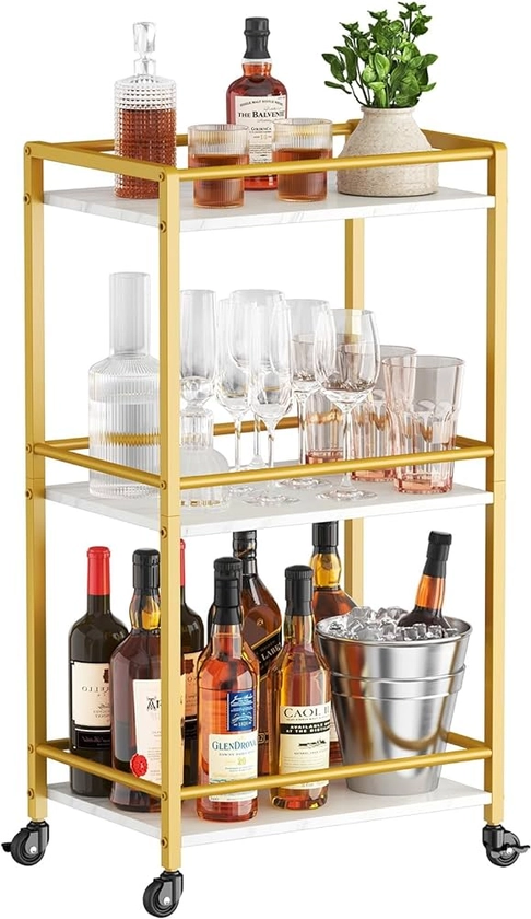 Lifewit Drink Trolley, 3 Tier Rolling Bar Cart, Tea Serving Trolley on Lockable Wheels, Kitchen Cocktail Alcohol Trolley for Dining Living Room, 43.2 x 30 x 81.5 cm, Gold : Amazon.co.uk: Home & Kitchen