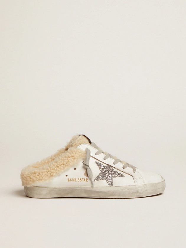 Women's Super-Star Sabot in white leather and shearling lining | Golden Goose