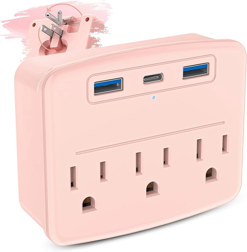 Cruise Power Strip Foldable Pink Non Surge Protector with USB C Outlets 3.4A Total, Multi Plug Wall Socket, Cruise Essentials Accessories Must-Haves for Travel Ship, Home, Japan Applicable