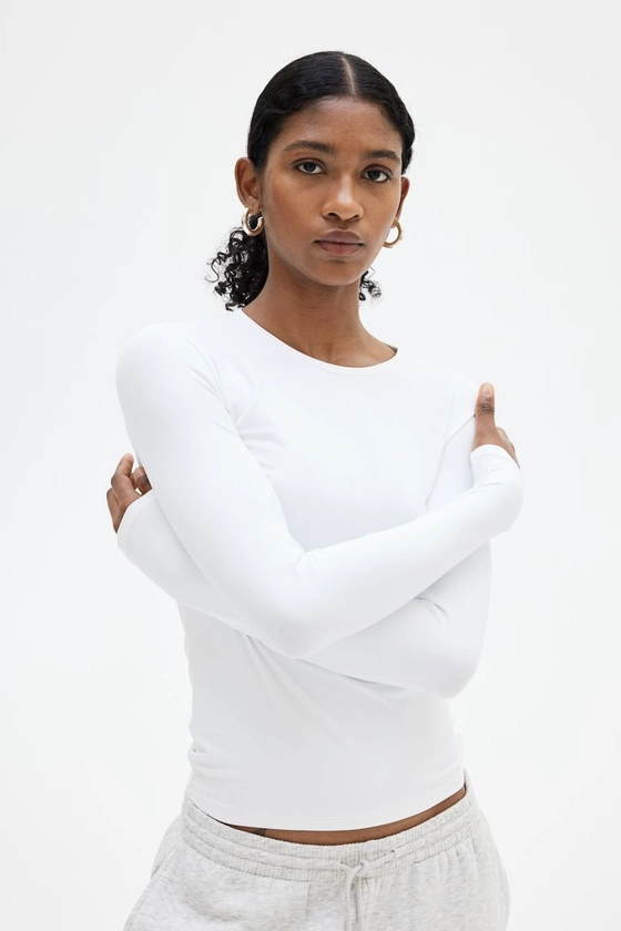 Long-sleeved Microfiber Top - Round Neck - Long sleeve - White - Ladies | H&M US