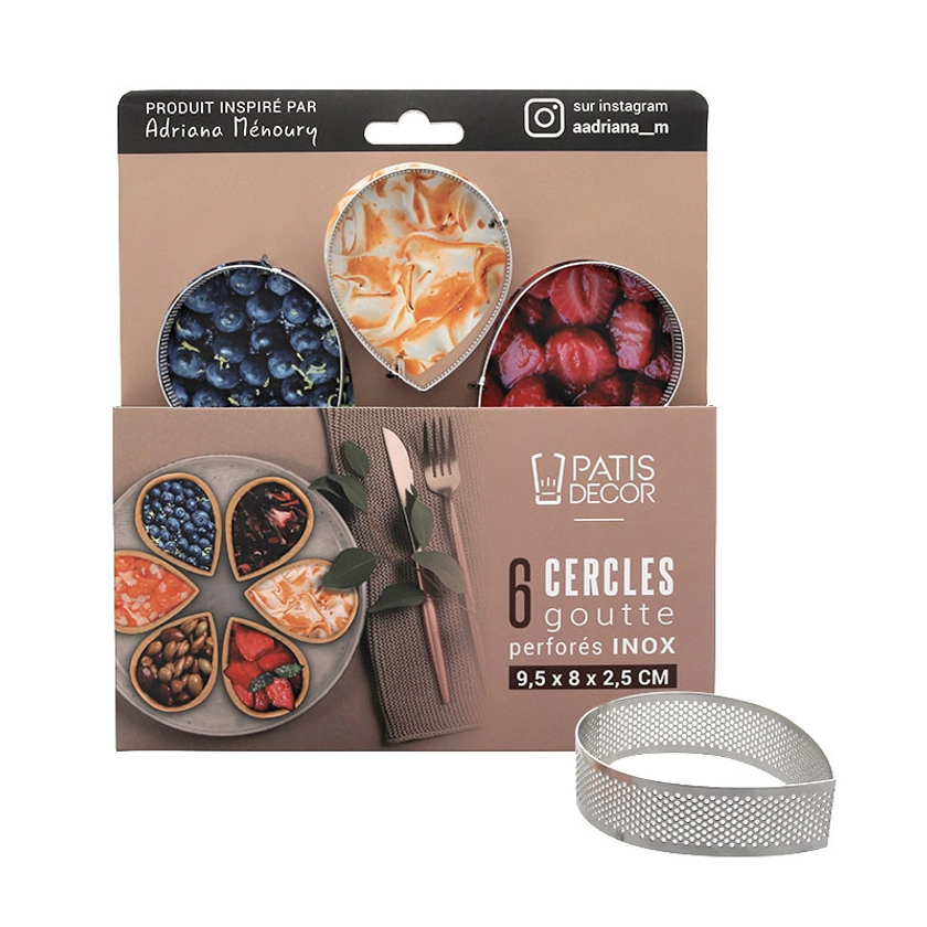 Cercles tarte "goutte" perforé en inox - 9,5 x 8 x 2,5 cm x 6